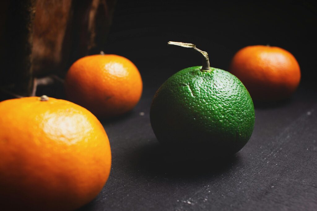 A vivid display of citrus fruits featuring an orange and green lime on a dark background.